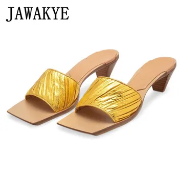 

Spiked high heels Slippers Women Woven Plaid gold wrinkled leather Sandals Summer mules Party dress beach Shoes Woman flipflops