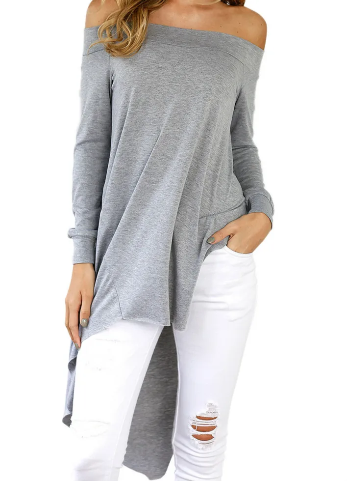 Зимние Для женщин блузки с вырезом лодочкой Asymmetrical Tunic повседневная женская обувь рубашки Blusa пикантные с открытыми плечами осень Топ Плюс Размеры GV1026 - Цвет: Grey