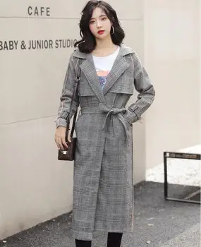 

2019 Autumn Women Casual Trench Coat Vintage Simple Classic Plaid Long Trench Coat with Belt Outwear Female Windbreaker