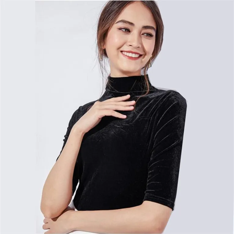 

S-6XL 7XL Spring and Autunm Women Turtleneck T Shirt Tees plus size England style office lady half sleeve Velvet T-Shirts Tops