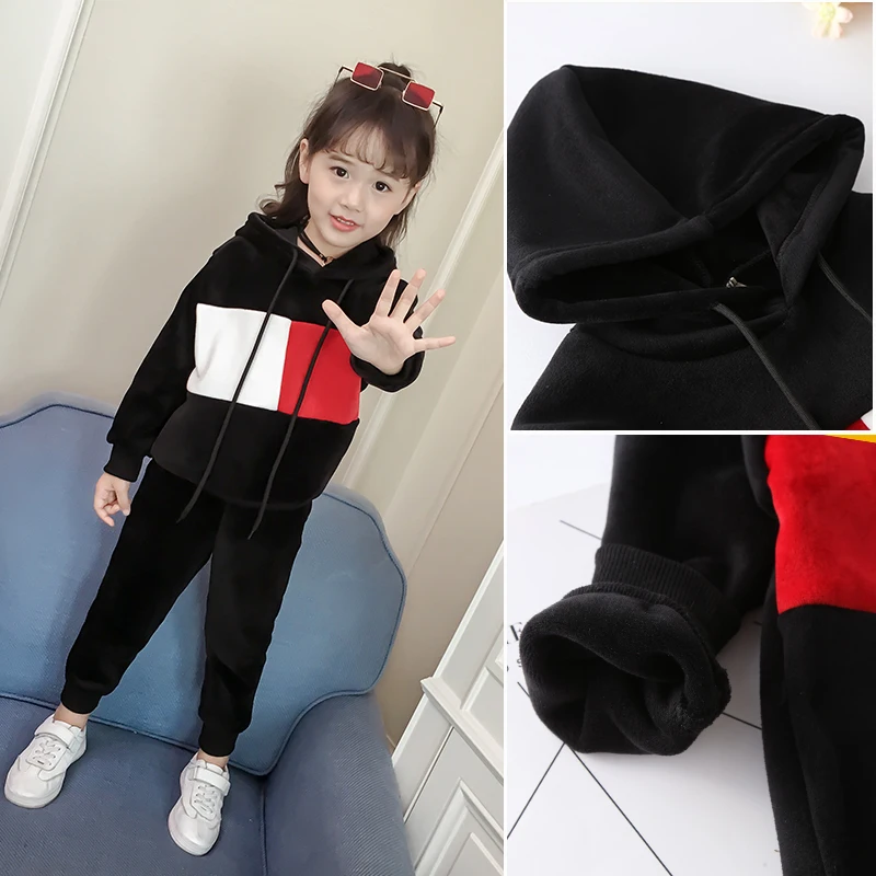 

Children Gold Velvet Clothing Set Fall Winter Girls Sport Clothes Hoodies + Pants 2 Pcs Baby Kids Multicolored Sweater Suit B390