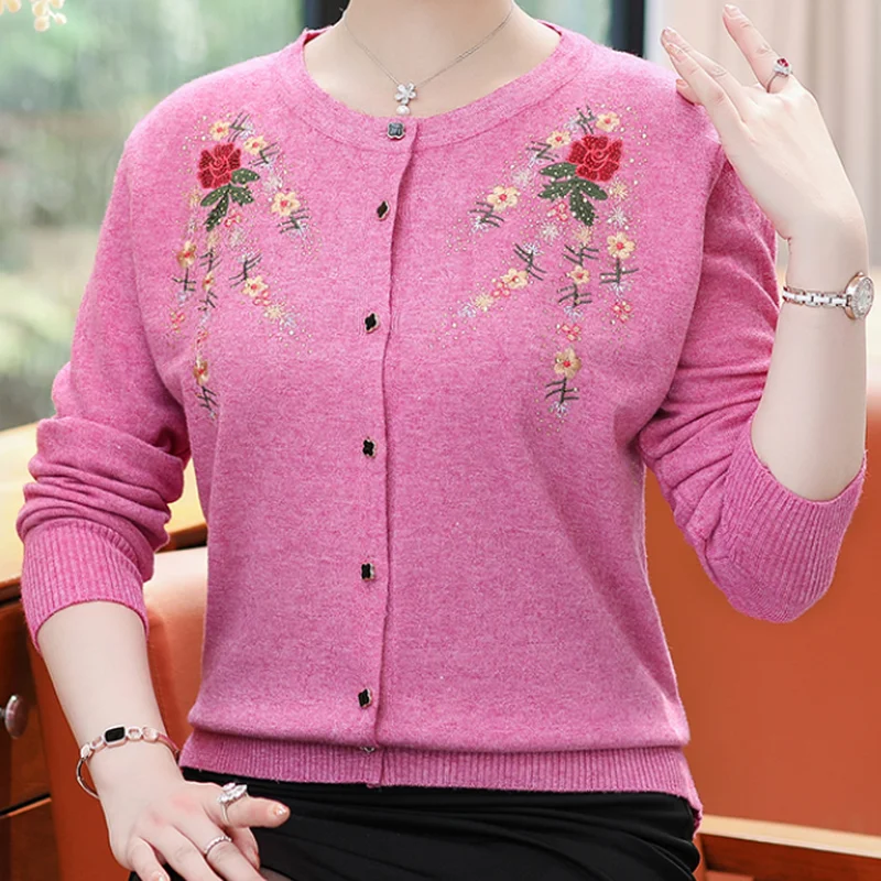 Pull woman Cardigan button sweater women Embroidered knit shirt blanc floral pink knitting Spring autumn winter vetement femme |