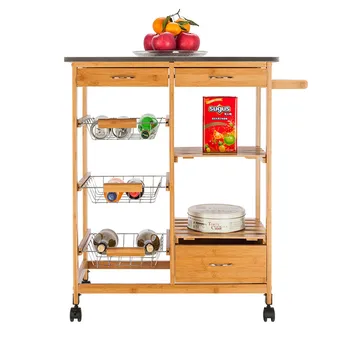 

Moveable Kitchen Cart Three Drawers Three Baskets Multi-Functional Small Dining Table Diningroom Bathroom Towel Hanger Burlywood