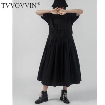 

TVVOVVIN 2020 Summer New Dress Women's Mid-length Loose Patchwork Pleated Empire Short Sleeve Solid A-line O-neck A807