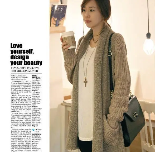 Autumn Winter Shrug Knitwear Regata Feminine Tricot Khaki Tricot Wool Long Sleeve Pockets Loose Cardigan Sweater Coat Y628