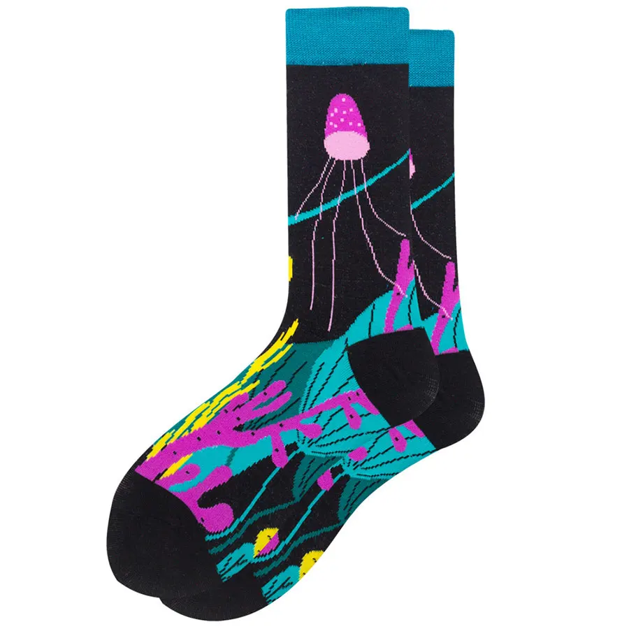 Милые забавные носки для женщин с геометрическим узором в виде фруктов и животных, вишневые, оранжевые, медузы, полосатые повседневные хлопковые носки - Цвет: Jellyfish