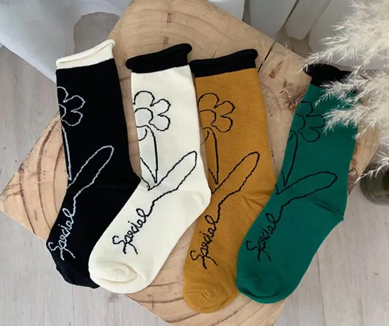 Завитые Цветочные Носки японские модные носки женские Харадзюку кавайные забавные носки хлопковые Повседневные носки