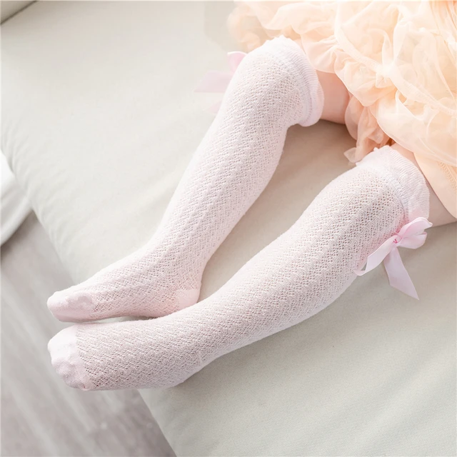 Calcetines hasta la rodilla para bebé, niña y niño, calcetín largo con  lazo, malla de algodón suave, transpirable, ahuecado, de 0 a 3 años -  AliExpress