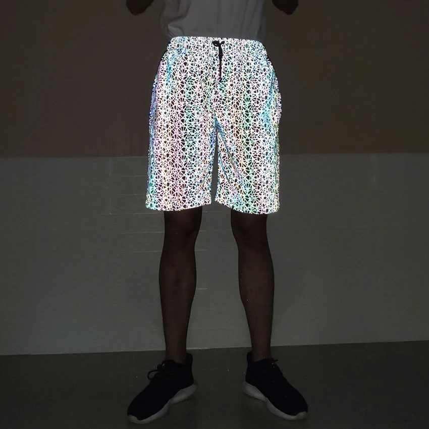 Светоотражающие шорты для мужчин и женщин в стиле хип-хоп, блестящие короткие штаны, повседневные шорты с геометрическим рисунком, шорты с эластичной резинкой на талии