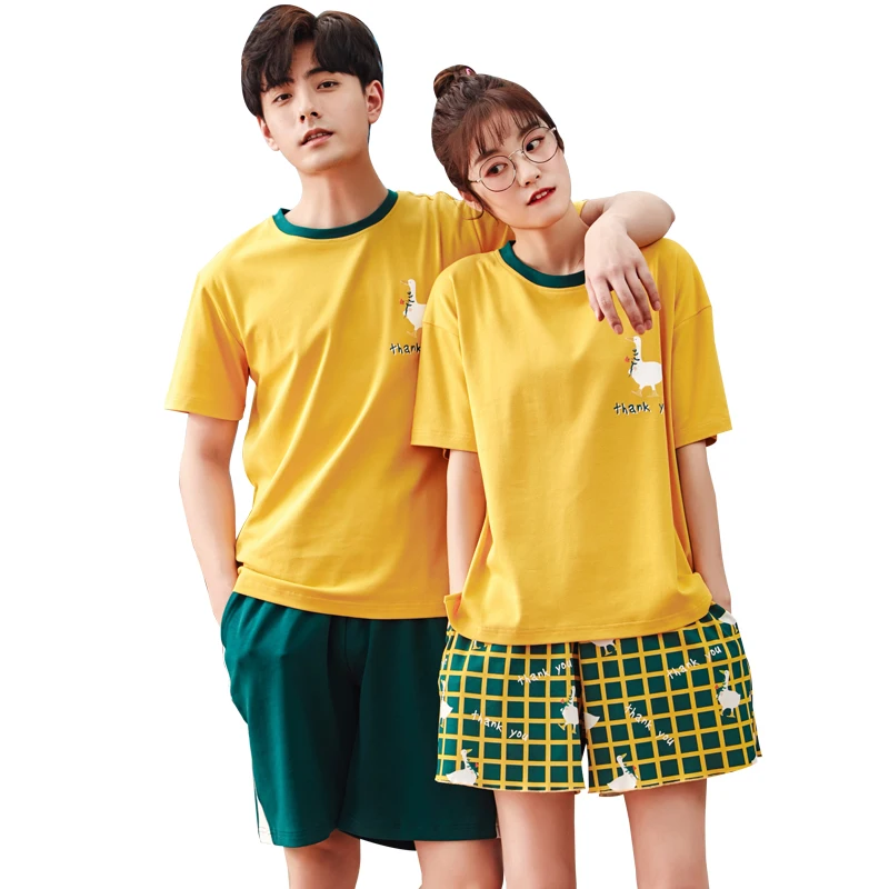 

New Summer Couple Pajama Sets For Men Women 100% Cotton Sleepwear Home Wear Short Sleeve Pyjamas