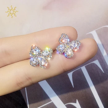 

Shiny Crystal Butterfly Stud Earrings Silver Color Needle Sparkling Bow Knot Ear Jewelry Zircon Women Party Luxury Jewelry