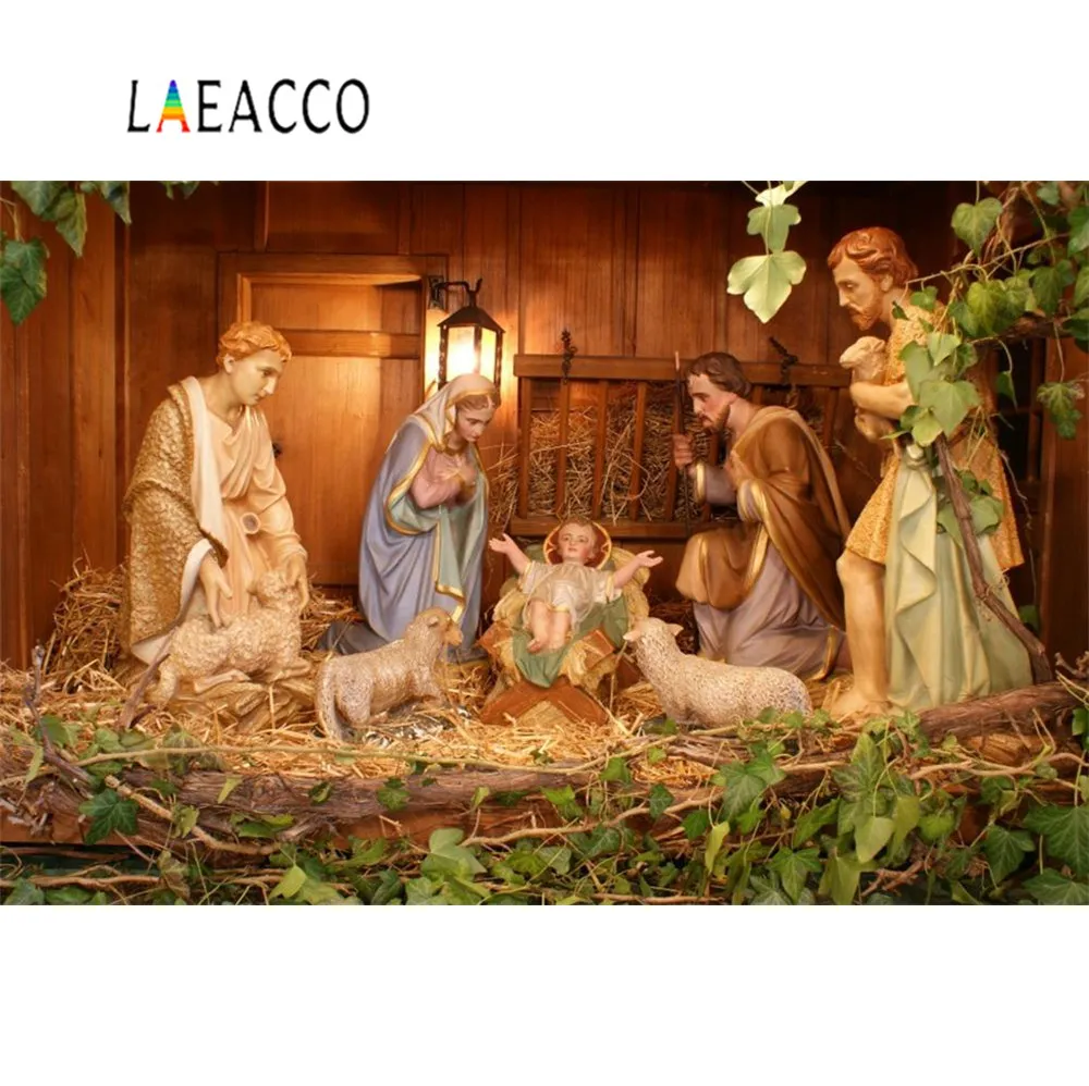 

Laeacco Nativity Scene Jesus Birth Christian Barn Sheep Party Decor New Year Photo Backgrounds Photography Backdrop Photo Studio