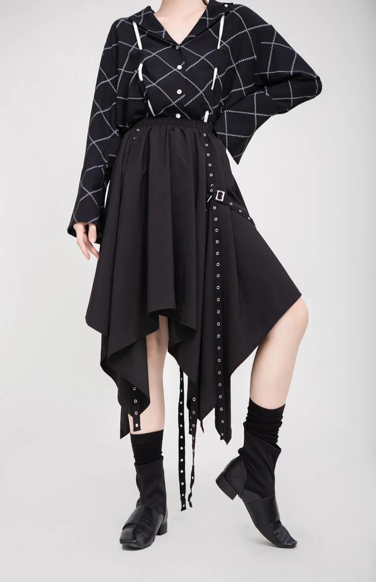 Aransue Irregular Skirt Female Autumn New Diablo Street Punk Wind Ribbon Button Mid-length Skirts Tide