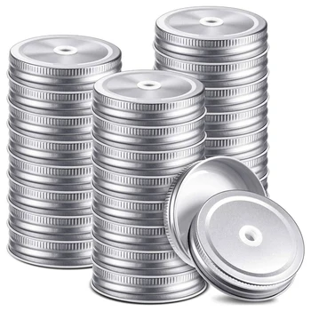 

32 Pieces Metal Regular Mouth Mason Silver Jar Lids with Straw Hole Reusable Leak Proof Mason Canning
