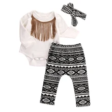 Новинка года, топы с аппликациями и кисточками для маленьких девочек комплекты одежды для новорожденных девочек Белый боди+ штаны с цветочным принтом