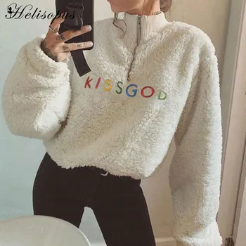 

Helisopus Autumn Winter Faux Lambswool Short Sweater Letters Embroidered Zipper Collar Sweatshirt with Drawstring Warm Pullover