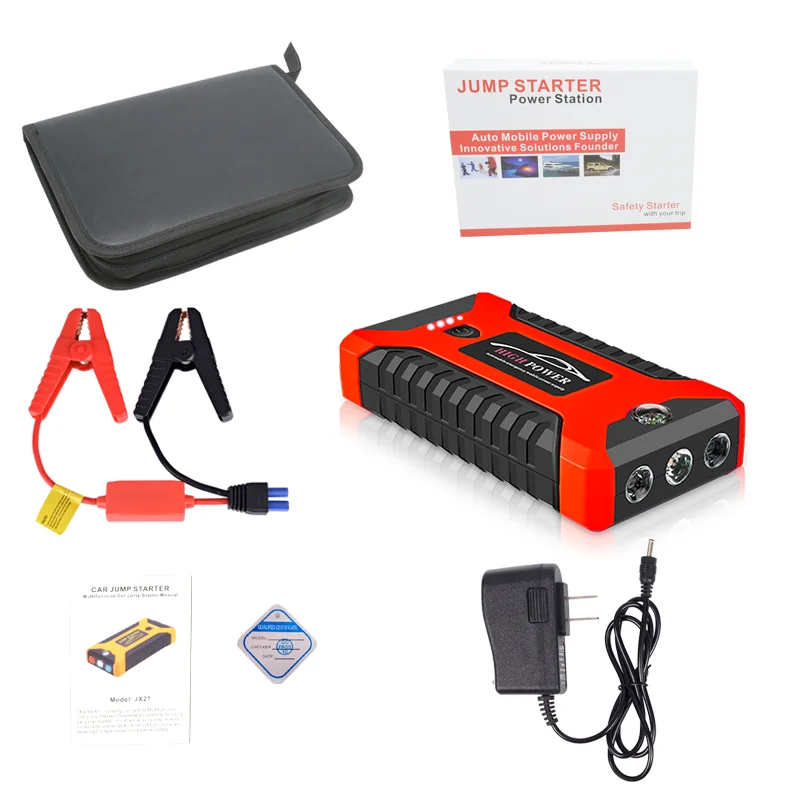 Мощный автомобильный стартер power Bank 600A портативный автомобильный аккумулятор бустер зарядное устройство 12 В пусковое устройство бензин дизель jumpstarter - Цвет: JX27 leather bag-Red