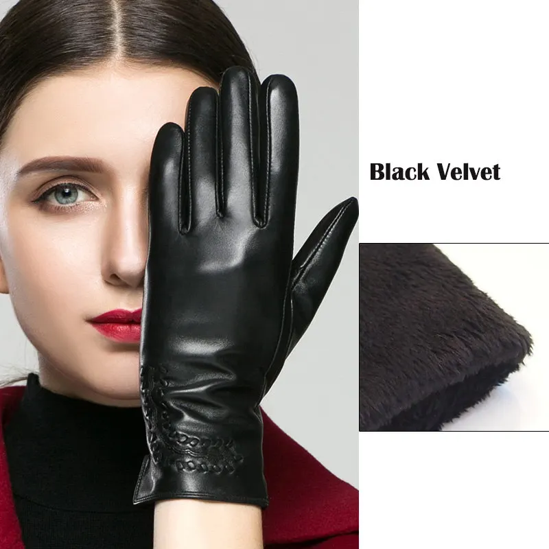 black velvet Перчатки из натуральной кожи женские зимние теплые бархатные утепленные высококачественные кожаные перчатки для вождения K2303 - Цвет: black velvet