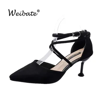 

WEIBATE Flat Buckle Sandals Women's Cross Strap Stiletto Heels Women's Black Spring and Summer Wild Pointed Women's Shoes