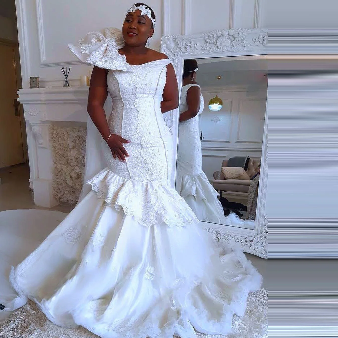 

African Bridal Gowns Mermaid свадьба Ruffles Lace Appliwues Beadings Off The Shoulder Elagant Pure White Bride Gowns