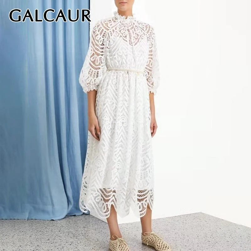 GALCAUR корейское Открытое платье для женщин, стоячий воротник, рукав-фонарик, высокая талия, миди платья, женская весенняя одежда, новая мода