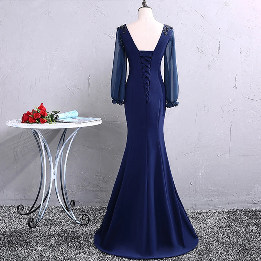 Вечернее платье темно-синего цвета с длинным рукавом Robe De Soiree LX007 с открытой спиной и шнуровкой, вечерние платья в пол, вечернее платье