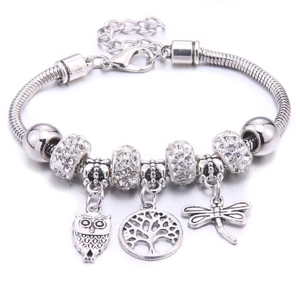 Bracelets à breloques en cristal en forme de hibou libellule pour femme, perles de bricolage, bracelets de marque, cadeau de bijoux, livraison directe