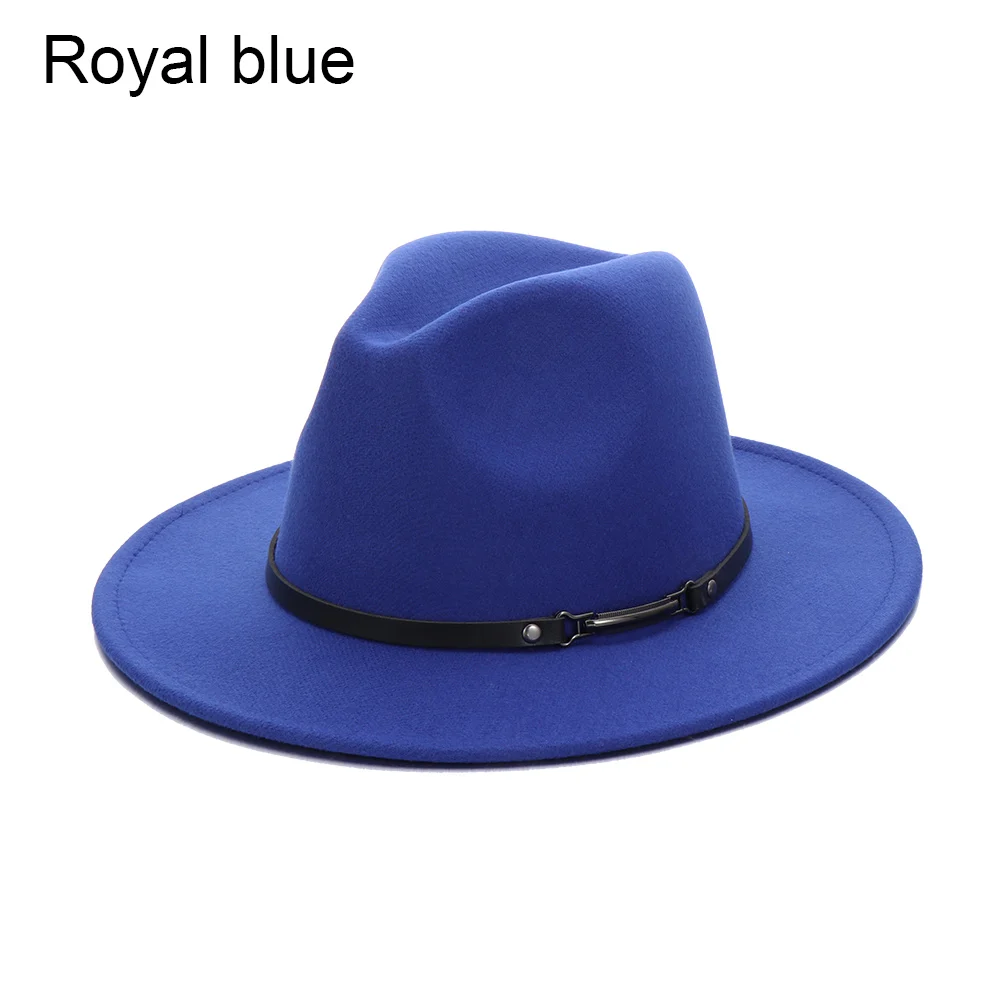 royal blue Модная элегантная фетровая шляпа для мужчин и женщин с широкими полями, широкополая Панама, ковбойская шляпа, винтажная джазовая шляпа, вечерние, декоративная лента, кепка, подарок - Цвет: royal blue