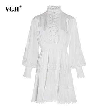 

VGH White Hollow Out Dress For Women Stand Collar Lantern Long Sleeve High Waist Dresses Female Fashion New Clothing 2020