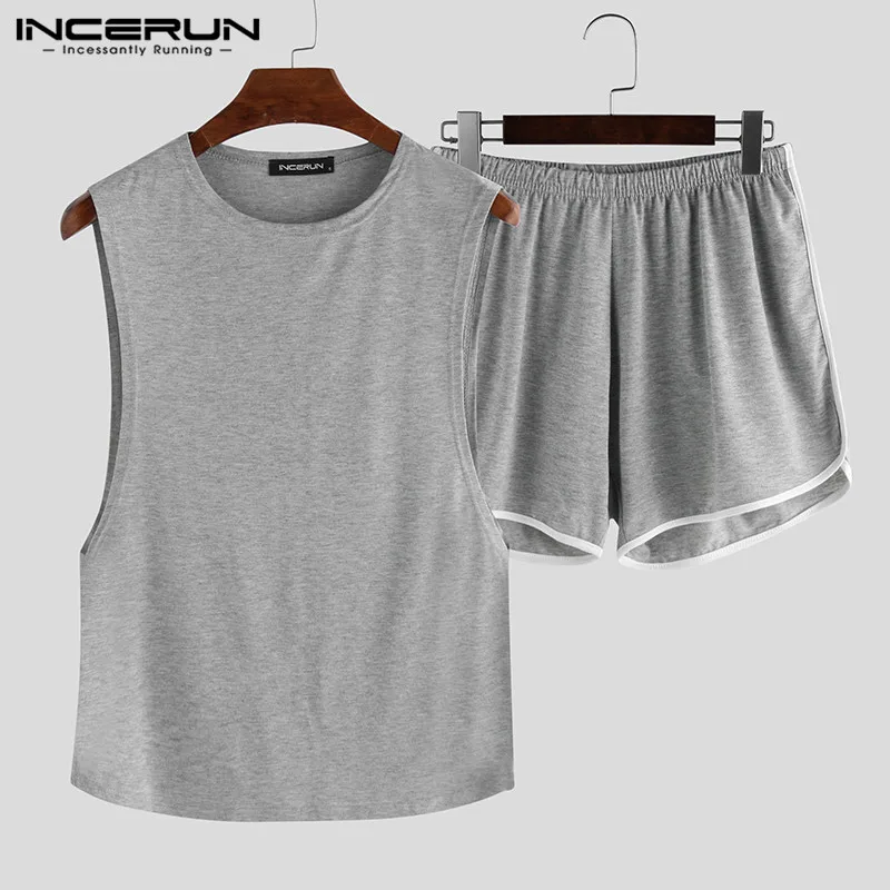 

INCERUN Fashion Men Pajamas Sets Sleeveless O Neck Tank Tops Shorts Solid 2020 Summer Homewear Casual Sexy Sleepwear Sets S-5XL