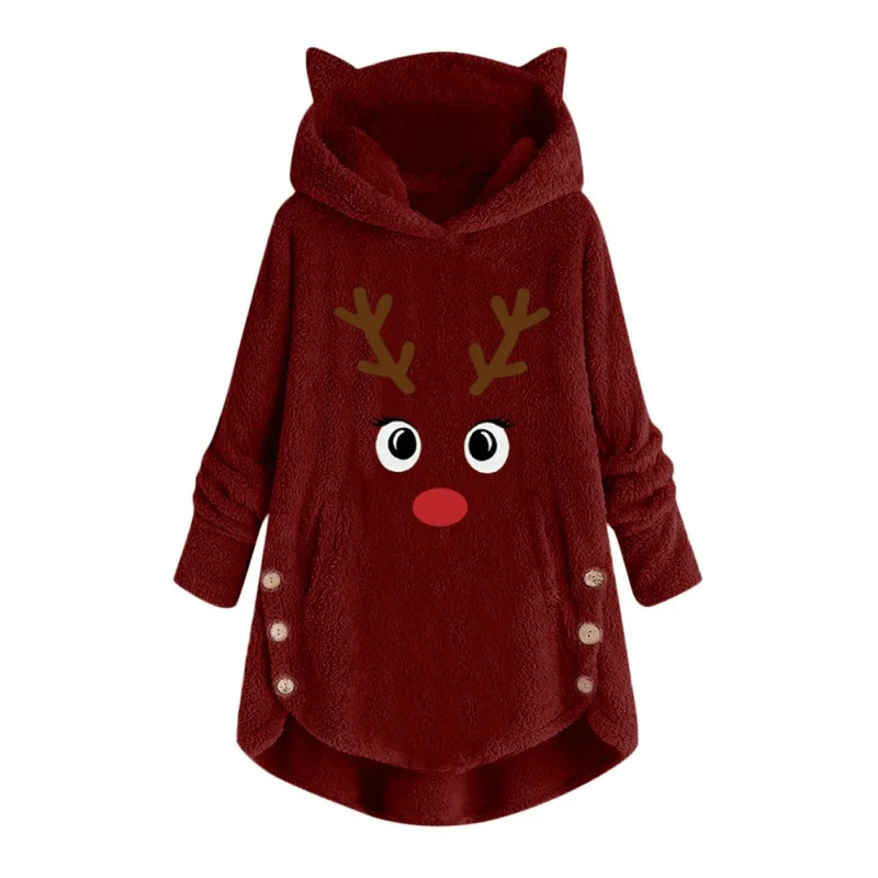 Женское зимнее плюшевое пальто с рисунком оленя, повседневное, с капюшоном, с длинным рукавом, кошачьи ушки, Рождественский принт лося, пуловер, нерегулярные толстовки m - Цвет: Бургундия