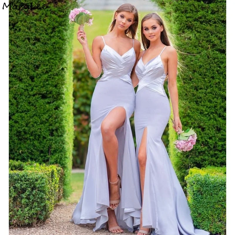 

Spaghetti Bridesmaid Dresses Sleeveless Silk Mermaid Bridesmaid Dresses Silk Satin Side Slit Wedding Party Bridesmaid Gowns