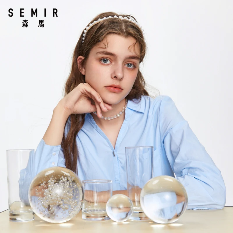 Рубашка SEMIR Женская с длинным рукавом свободная хлопковая простая блузка V