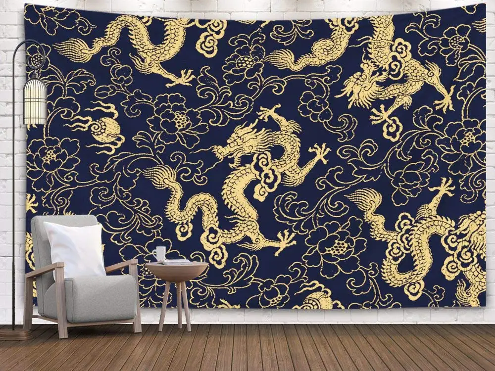 

Home Decor Tapestry Chinese Traditional Golden Dragon Peony Pattern Dorm Room