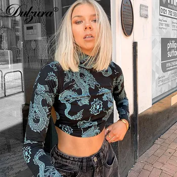 

Dulzura dragon print women crop top long sleeve backless bandage bodycon sexy streetwear 2020 summer clothes party club gothic