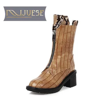 

MLJUESE 2021 women Mid-Calf boots Cow leather Winter short plush Round Toe Zipper High heels female Riding boots size 40
