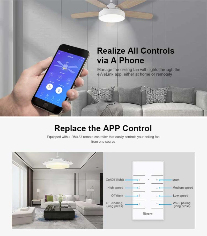 SONOFF IFan03 WiFi умные выключатели умный дом Wi-Fi потолочный вентилятор и пульт управления светом пульт дистанционного управления с пультом дистанционного управления 433 RF