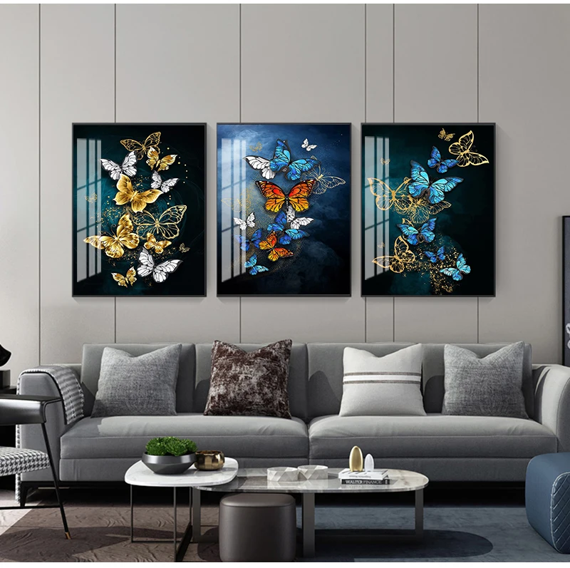 Room Cuadros Salon Big yelloow butterfly n Print Abstract Golden Blue Butterfly Wall Art Modern Wall Pictures For Living