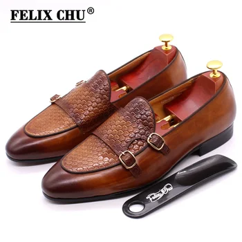 FELIX CHU Autumn Mens Leather Loafers Gentleman Wedding Party Casual Slip On Formal Shoes Black Brown Monk Strap Men Dress Shoes 1