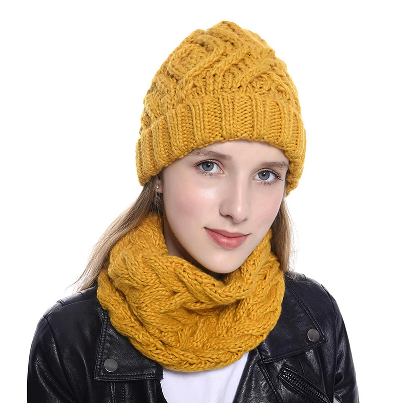 Модная шерстяная шапка, шарф, набор, женская вязаная шапка, шапка, нагрудник, два предмета, Осень-зима, женская зимняя однотонная вязаная шапка и шарф