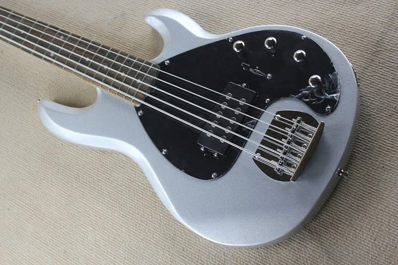 High Quality 5 Strings Music Man silver gray Electric Bass Guitar with 9V battery active pickups 01 High Quality 5 Strings Music Man silver gray Electric Bass Guitar with 9V battery active pickups 01