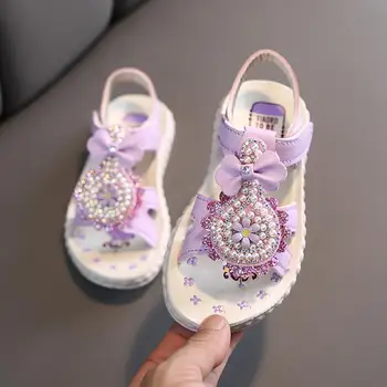 

Children Girl Summer Sandals 2020summer Fashion Pearl Crystal Kid Baby Princess Shoes Soft Bottom Non-slip Beach Sandals D249