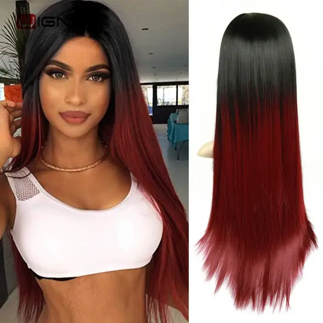 Wignee Long Natural Straight Wig Blonde Middle Part Cosplay Party Lolita Synthetic Wigs for Women Heat Resistant Fiber 1B burgundy