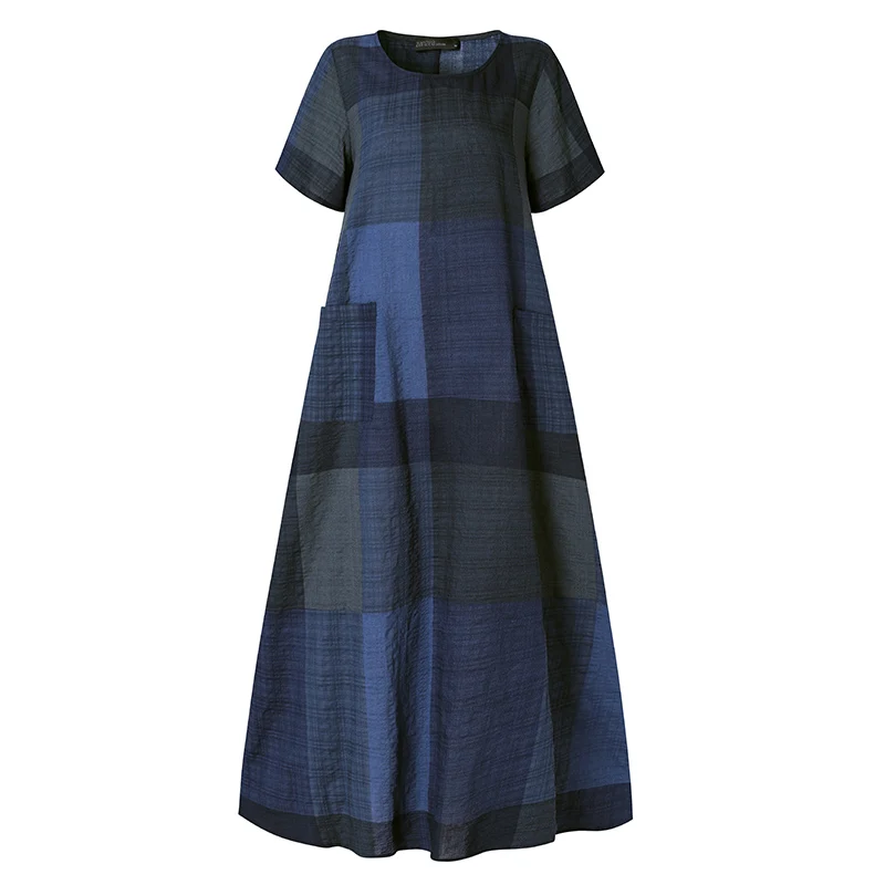 Women Short Sleeve Maxi Long Dress Summer Plaid Checked Sundress 2020 ZANZEA Robe Party Baggy Femme Plus Size Kaftan Vestidos