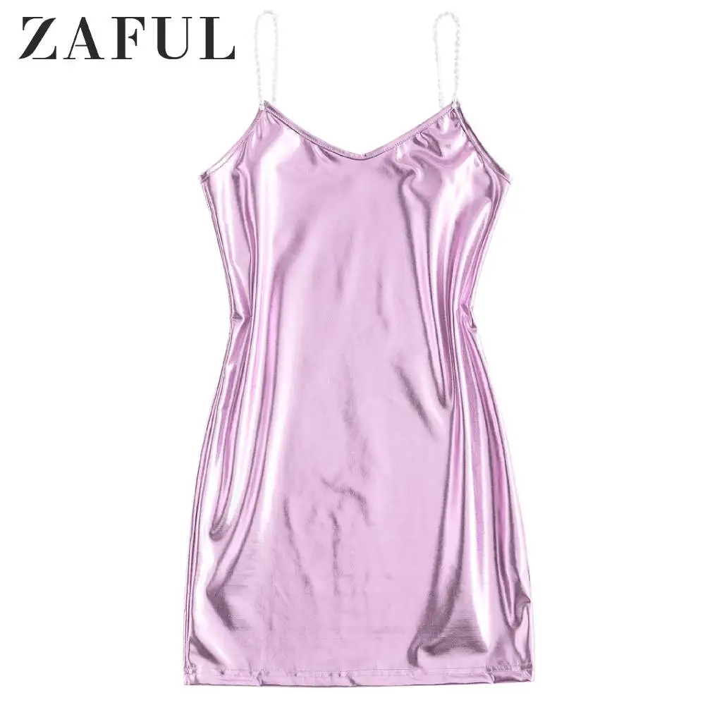 ZAFUL Metallic Cami Mini Party Dress Slip Short Faux Pearl Strap ...