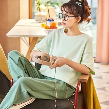 

2020 Pajamas Women's Summer New Style Pure Cotton Short Sleeve Trousers Korean-style Casual-Outer Wear Tracksuit