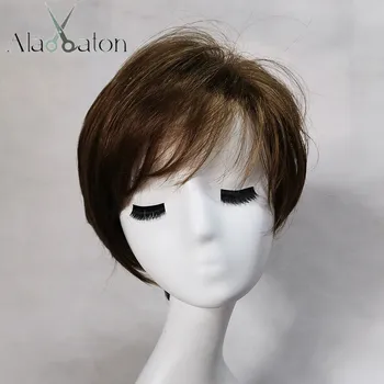 

ALAN EATON Short Straight Cosplay Women Party Brown Highlight Synthetic Hair Wigs with Bangs Heat Resistant Pixie Cut Fake Hair