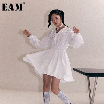 

[EAM] Women White Pleated Split Joint Temperament ShirtDress New Lapel Long Sleeve Loose Fit Fashion Spring Autumn 2020 1B909