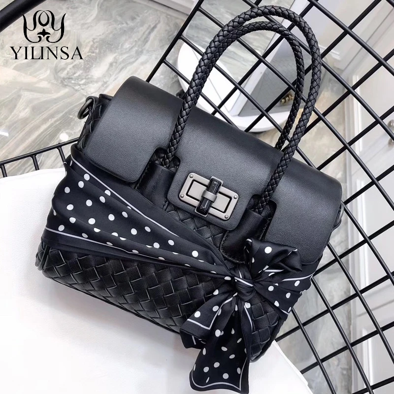 

YILINSA Women Sheepskin Genuine Leather Top Handle Bags With Ribbon Fashion High Quality Designer Women'S Handbags 7 Colors