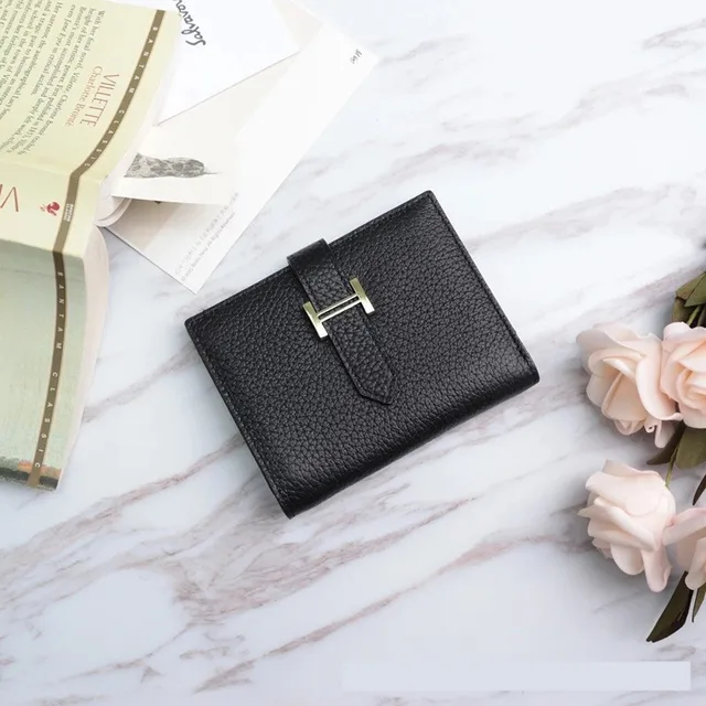 Genuine Leather Women Luxury Lychee Pattern Wallets Long Brand Zipper Coin Purses Female Solid Colors Hasp Thin Clutch Phone Bag Short Black
